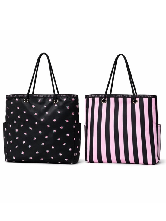 Victoria's Secret Handbags - NWOT Victoria's Secret Reversible Tote Black & Pink Striped/Roses Side Pockets